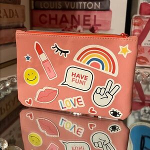 Ipsy NWOT peach with Fun Stickers makeup bag